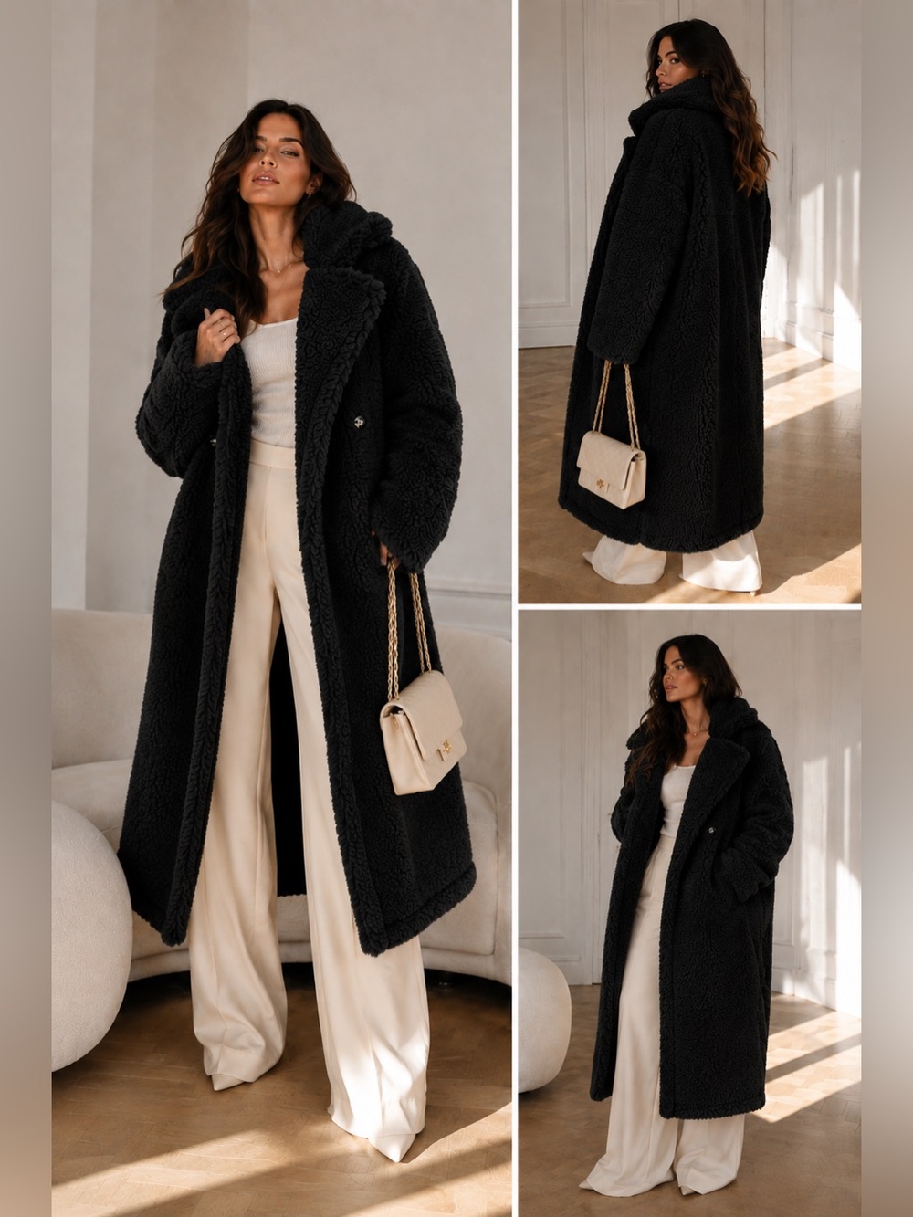 New original Cozy Double-Breasted Faux Shearling Coat - Black